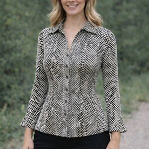 Black and White Snake Print Button Down Shirt Cute Ladies Blouse Apt 9 Business